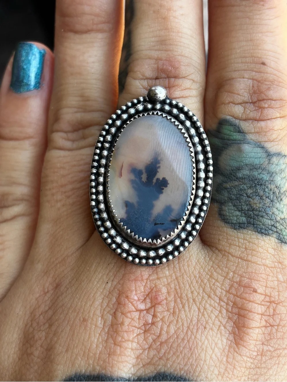 Sterling Silver Dendritic Agate Statement Ring Artisan Silversmith Crafted